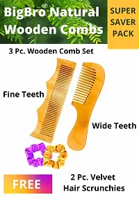 IBigBro Natural Wooden Comb 2pc Wide Teeth for Women and Men | Organic Antibacterial Hair Dandruff Remover Styling Comb| Handcrafted (Super Saver Pack of 2 Combs + 2 Velvet Hair Scrunchies)-thumb1