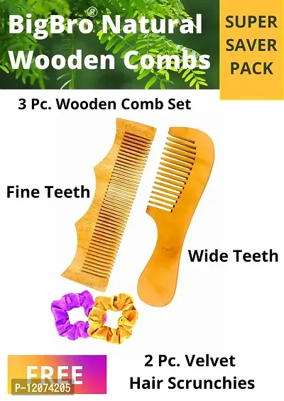 IBigBro Natural Wooden Comb 2pc Wide Teeth for Women and Men | Organic Antibacterial Hair Dandruff Remover Styling Comb| Handcrafted (Super Saver Pack of 2 Combs + 2 Velvet Hair Scrunchies)-thumb2