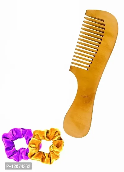 BigBro Natural Wooden Comb Wide Teeth with Handle for Women and Men | Organic Antibacterial Hair Dandruff Remover Styling Comb| Handcrafted (Pack of 1 Comb + 2 Velvet Hair Scrunchies)