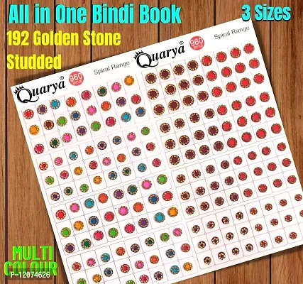 Quarya Bindi Bindiya Kumkum Colourful Forehead Sticker Golden Stone Studded and Simple Plain Round Maroon Spiral Booklet For Women Girls Ladies (Pack of 960 Bindis Book plus 3 Printed Scrunchies)-thumb3