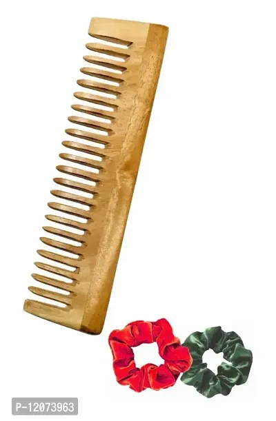 BigBro Natural Wooden Comb Wide Teeth for Women and Men | Organic Antibacterial Hair Dandruff Remover Styling Comb | Handcrafted (Super Saver Pack of 1Combs + 2 Velvet Hair Scrunchies)-thumb0