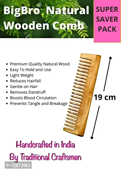 BigBro Natural Wooden Comb Wide Teeth for Women and Men | Organic Antibacterial Hair Dandruff Remover Styling Comb | Handcrafted (Super Saver Pack of 1Combs + 2 Velvet Hair Scrunchies)-thumb3