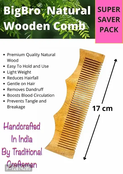 IBigBro Natural Wooden Comb 2pc Wide Teeth for Women and Men | Organic Antibacterial Hair Dandruff Remover Styling Comb| Handcrafted (Super Saver Pack of 2 Combs + 2 Velvet Hair Scrunchies)-thumb4