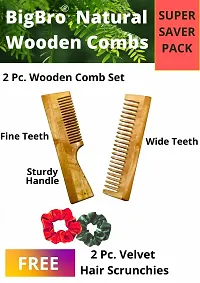 BigBro Natural Wooden 2pc Wide Teeth Fine Teeth for Women and Men | Organic Antibacterial Hair Dandruff Remover Styling Comb|Handcrafted (Pack of 2 Combs + 2 Velvet Hair Scrunchies)-thumb1