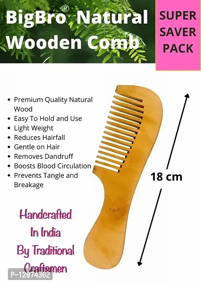 BigBro Natural Wooden Comb Wide Teeth with Handle for Women and Men | Organic Antibacterial Hair Dandruff Remover Styling Comb| Handcrafted (Pack of 1 Comb + 2 Velvet Hair Scrunchies)-thumb3