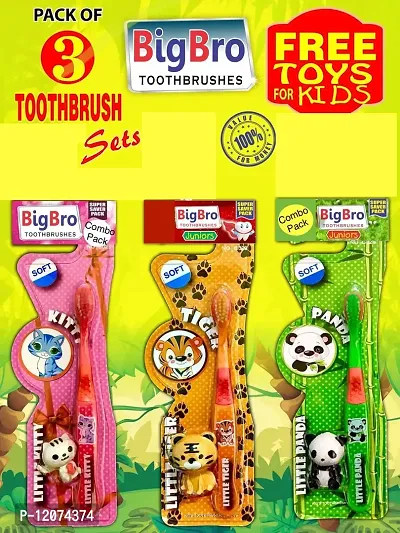 BigBro Kids Toothbrush Extra Soft Bristles Fancy with Tongue Cleaner+ Toy for Girls Boys Children-2+years(Combo of 3 Sets)-thumb2