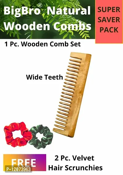 BigBro Natural Wooden Comb Wide Teeth for Women and Men | Organic Antibacterial Hair Dandruff Remover Styling Comb | Handcrafted (Super Saver Pack of 1Combs + 2 Velvet Hair Scrunchies)-thumb2