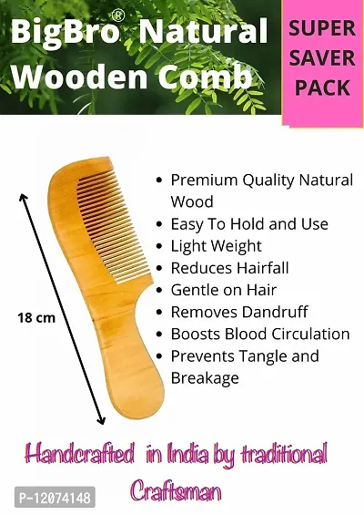 BigBro Natural Wooden Comb Fine Teeth with Handle for Women and Men | Organic Antibacterial Hair Dandruff Remover Styling Comb| Handcrafted (Pack of 1 Comb + 2 Velvet Hair Scrunchies)-thumb3