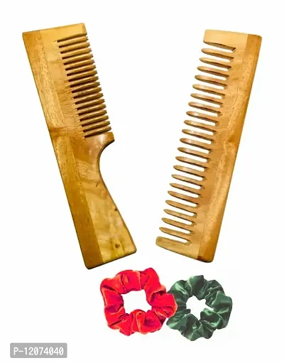 BigBro Natural Wooden 2pc Wide Teeth Fine Teeth for Women and Men | Organic Antibacterial Hair Dandruff Remover Styling Comb|Handcrafted (Pack of 2 Combs + 2 Velvet Hair Scrunchies)