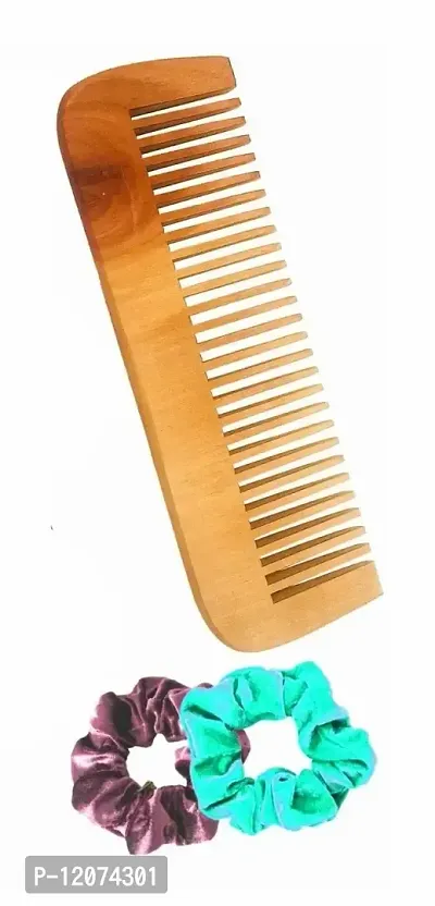 BigBro Natural Wooden Comb Wide Teeth for Women and Men | Organic Antibacterial Hair Dandruff Remover Styling Comb| Handcrafted (Super Saver Pack of 1 Comb + 2 Velvet Hair Scrunchies)