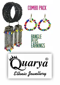 Quarya Black Beads Bangle Bracelet Kadda with Jhumki Latkan Tassels Charms Adjustable Chuddi With Traditional Matching Earrings Jhumka Trend for Girls and Women(Combo Pack)-thumb1