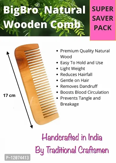 BigBro Natural Wooden Comb 2 pc Wide Teeth for Women and Men | Organic Antibacterial Hair Dandruff Remover Styling Comb| Handcrafted (Super Saver Pack of 2 Combs + 2 Velvet Hair Scrunchies)-thumb4