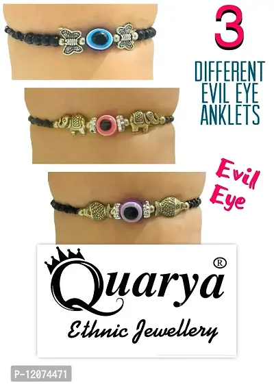 Quarya Black Anklet Evil Eye Thread Knot Kala Dhaga Nazariya Payal with Beads and Oxidised Charms Adjustable Chain for Girls and Women (Pack of 3 Different Anklets)-thumb2