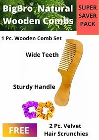 BigBro Natural Wooden Comb Wide Teeth with Handle for Women and Men | Organic Antibacterial Hair Dandruff Remover Styling Comb| Handcrafted (Pack of 1 Comb + 2 Velvet Hair Scrunchies)-thumb1