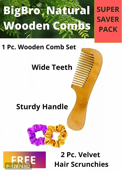 BigBro Natural Wooden Comb Wide Teeth with Handle for Women and Men | Organic Antibacterial Hair Dandruff Remover Styling Comb| Handcrafted (Pack of 1 Comb + 2 Velvet Hair Scrunchies)-thumb2