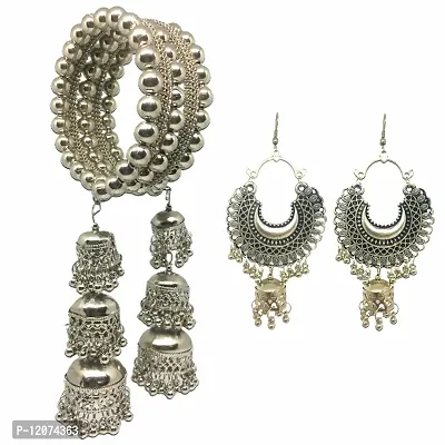 Quarya Bangle Oxidised Bracelet Kadda with Jhumki Latkan Tassels Charms Hangings Adjustable Churi plus Earrings Jhumka Latest Fashion Trend For Women and Girls (Combo Gift Pack)