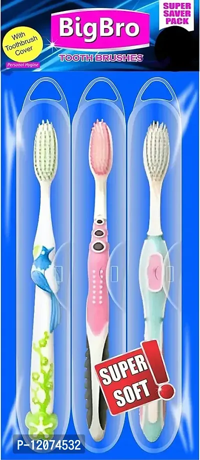 BigBro Toothbrush Extra Soft Bristles with Case Cover for Adults Men and Women Multicolour (Super Saver Combo Set of 3)