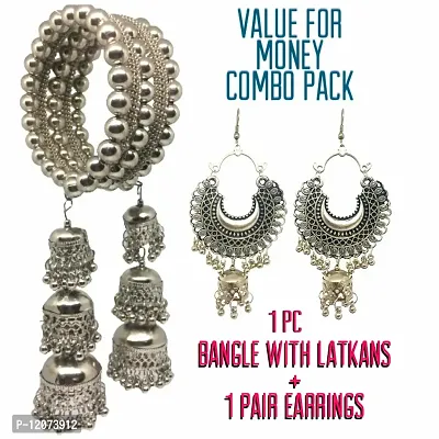 Quarya Bangle Oxidised Bracelet Kadda with Jhumki Latkan Tassels Charms Hangings Adjustable Churi with Earings for Women and Girls (Combo Gift Pack)-thumb2