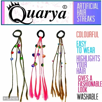 Quarya Rubber Band Hairbands with Artificial Hair Streaks Bright Coloured Highlighter Synthetic Hair Extensions for Highlighting with Beads Hair Accessories for Girls and Women (Pack of 3)-thumb3