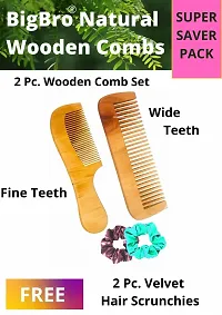 BigBro Natural Wooden Comb 2 pc Wide Teeth for Women and Men | Organic Antibacterial Hair Dandruff Remover Styling Comb| Handcrafted (Super Saver Pack of 2 Combs + 2 Velvet Hair Scrunchies)-thumb1