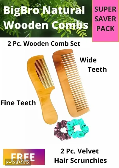 BigBro Natural Wooden Comb 2 pc Wide Teeth for Women and Men | Organic Antibacterial Hair Dandruff Remover Styling Comb| Handcrafted (Super Saver Pack of 2 Combs + 2 Velvet Hair Scrunchies)-thumb2