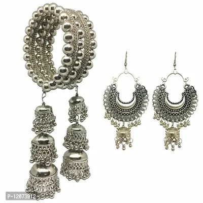 Quarya Bangle Oxidised Bracelet Kadda with Jhumki Latkan Tassels Charms Hangings Adjustable Churi with Earings for Women and Girls (Combo Gift Pack)