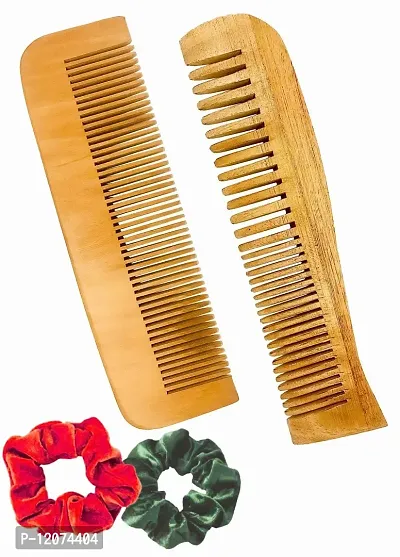 BigBro Natural Wooden 2pc Wide Teeth for Women and Men | Organic Antibacterial Hair Dandruff Remover Styling Comb| Handcrafted (Super Saver Pack of 2 Combs + 2 Velvet Hair Scrunchies)