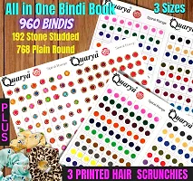 Quarya Bindi Bindiya Kumkum Colorful Forehead Sticker Golden Stone Studded and Simple Plain Round Maroon Spiral Booklet For Women, Girls and Ladies (Pack of 960 Bindis Book plus 3 Printed Scrunchies)-thumb1