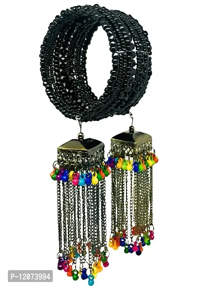 Quarya Bangle Bracelet Oxidised Black with Colourful Beads Traditional Kadda with Jhumki Latkan Tassels Charms Hangings Adjustable Charms Churi Latest Fashion Trend for Women and Girls (1pc Gift Pack)