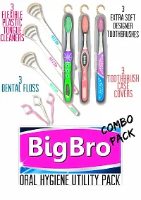 BigBro Toothbrush with Extra Soft Bristles with Toothbrush Case Cover (3pc) + Plastic Flexible Tongue Cleaner (3pc) + Dental Floss (10pc) for Adults Women and Men (Super Saver Utility Pack)-thumb1