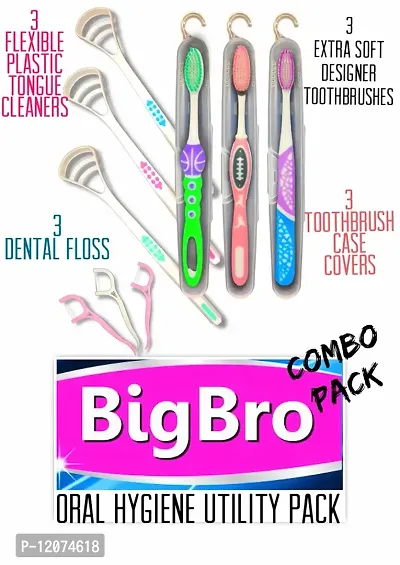 BigBro Toothbrush with Extra Soft Bristles with Toothbrush Case Cover (3pc) + Plastic Flexible Tongue Cleaner (3pc) + Dental Floss (10pc) for Adults Women and Men (Super Saver Utility Pack)-thumb2