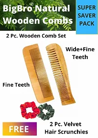 BigBro Natural Wooden 2pc Wide Teeth for Women and Men | Organic Antibacterial Hair Dandruff Remover Styling Comb| Handcrafted (Super Saver Pack of 2 Combs + 2 Velvet Hair Scrunchies)-thumb1