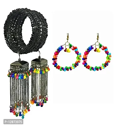 Quarya Black Beads Bangle Bracelet Kadda with Jhumki Latkan Tassels Charms Adjustable Chuddi With Traditional Matching Earrings Jhumka Trend for Girls and Women(Combo Pack)-thumb0