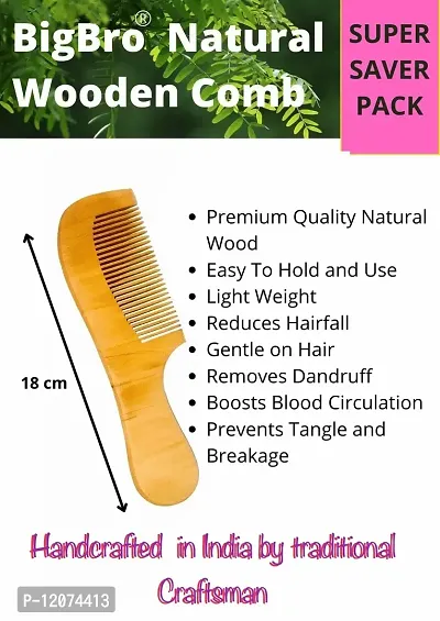 BigBro Natural Wooden Comb 2 pc Wide Teeth for Women and Men | Organic Antibacterial Hair Dandruff Remover Styling Comb| Handcrafted (Super Saver Pack of 2 Combs + 2 Velvet Hair Scrunchies)-thumb3