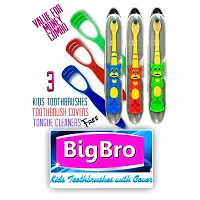 BigBro Kids Toothbrush Extra Soft Bristles with Toothbrush Case Cover Cartoon Shape Age 2+ SUPER SAVER PACK of 3 plus 3 kids Plastic Tongue Cleaners-thumb1