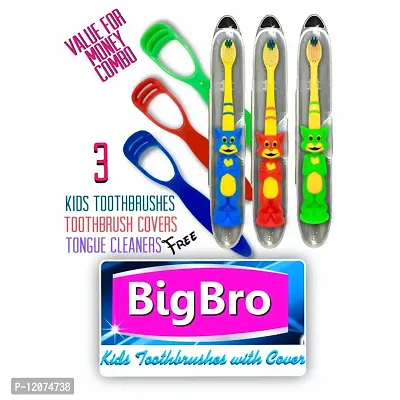 BigBro Kids Toothbrush Extra Soft Bristles with Toothbrush Case Cover Cartoon Shape Age 2+ SUPER SAVER PACK of 3 plus 3 kids Plastic Tongue Cleaners-thumb2