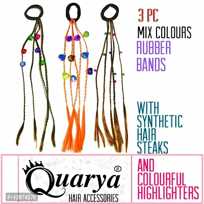 Quarya Rubber Band Hairbands with Artificial Hair Streaks Bright Coloured Highlighter Synthetic Hair Extensions for Highlighting with Beads Hair Accessories for Girls and Women (Pack of 3)-thumb2