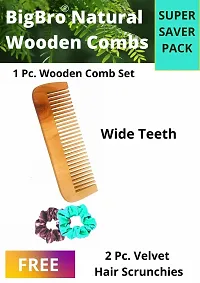 BigBro Natural Wooden Comb Wide Teeth for Women and Men | Organic Antibacterial Hair Dandruff Remover Styling Comb| Handcrafted (Super Saver Pack of 1 Comb + 2 Velvet Hair Scrunchies)-thumb1