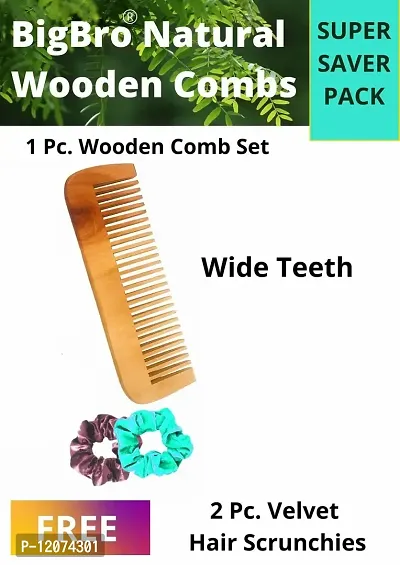 BigBro Natural Wooden Comb Wide Teeth for Women and Men | Organic Antibacterial Hair Dandruff Remover Styling Comb| Handcrafted (Super Saver Pack of 1 Comb + 2 Velvet Hair Scrunchies)-thumb2