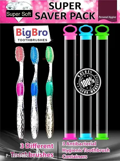 BigBro Toothbrush Soft Bristle Transparent with Cover (Super Saver Pack of 3)-thumb2