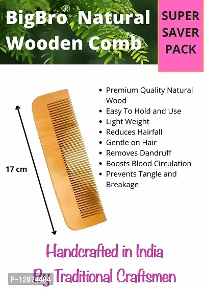 BigBro Natural Wooden 2pc Wide Teeth for Women and Men | Organic Antibacterial Hair Dandruff Remover Styling Comb| Handcrafted (Super Saver Pack of 2 Combs + 2 Velvet Hair Scrunchies)-thumb3