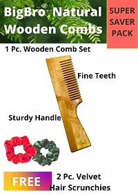 BigBro Natural Wooden Comb Fine Teeth with Handle for Women and Men | Organic Antibacterial Dandruff Remover Styling Comb| Handcrafted (Pack of 1 Comb + 2 Velvet Hair Scrunchies)-thumb1