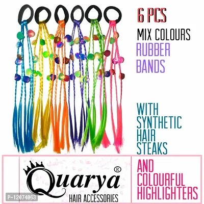 Quarya Rubber Band Hairbands with Artificial Hair Streaks Bright Colored Highlighter Synthetic Hair Extensions for Highlighting for Girls and Women (Pack of 6 )-thumb2