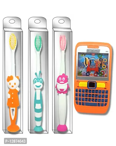 BigBro Baby Kids Boy Girl Toothbrush Extra Soft Bristles with Vacuum Stands with Toothbrush Cover Cartoon Shape Age 2+(Combo pack of 3 Toothbrushes plus 1 Game)