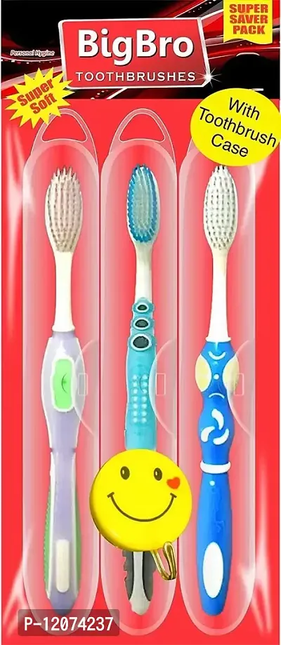 BigBro Toothbrush Soft Bristle with Case Cover and Self Adhesive Wall Hanger Multicolor (Super Combo Saver) (Set of 3)