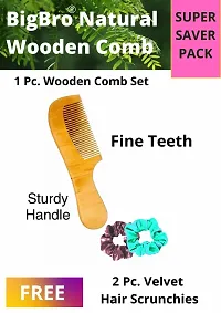 BigBro Natural Wooden Comb Fine Teeth with Handle for Women and Men | Organic Antibacterial Hair Dandruff Remover Styling Comb| Handcrafted (Pack of 1 Comb + 2 Velvet Hair Scrunchies)-thumb1