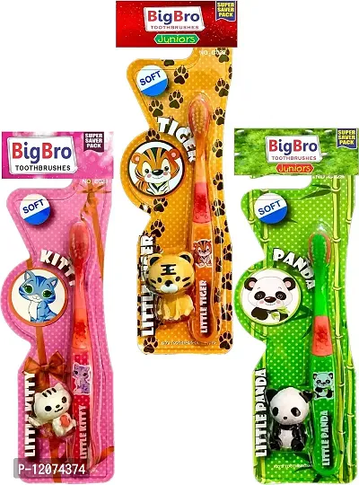 BigBro Kids Toothbrush Extra Soft Bristles Fancy with Tongue Cleaner+ Toy for Girls Boys Children-2+years(Combo of 3 Sets)