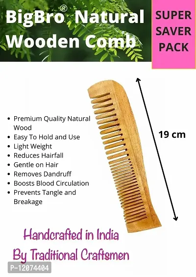 BigBro Natural Wooden 2pc Wide Teeth for Women and Men | Organic Antibacterial Hair Dandruff Remover Styling Comb| Handcrafted (Super Saver Pack of 2 Combs + 2 Velvet Hair Scrunchies)-thumb4