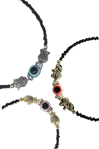 Quarya Black Anklet Evil Eye Thread Knot Kala Dhaga Nazariya Payal with Beads and Oxidised Charms Adjustable Chain for Girls and Women (Pack of 3 Different Anklets)