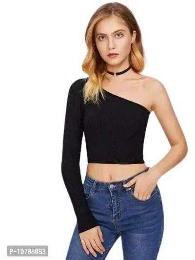 PRITHS Ribbed one Shoulder Full Sleeve top (XS, Black)